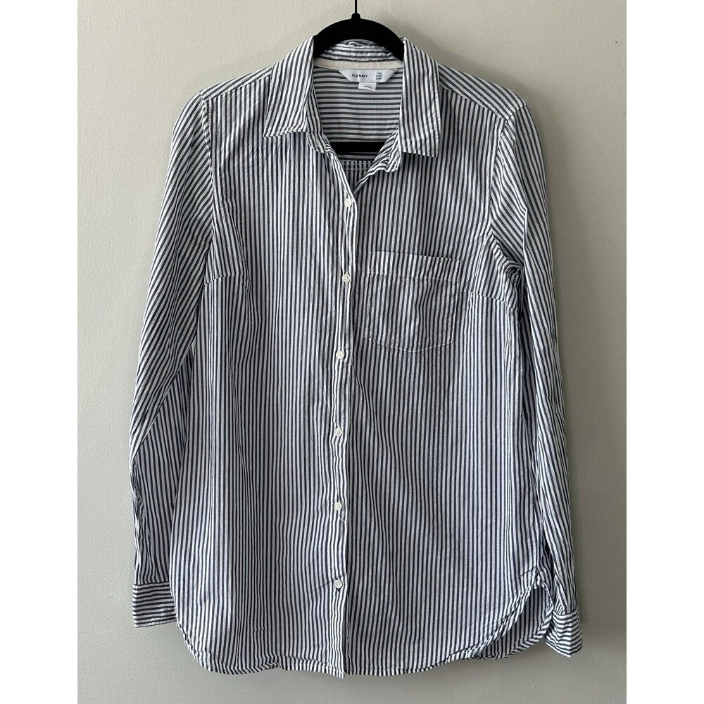 Old Navy The Tunic Shirt Women's M Tall Blue White Stripe Button Front Cotton